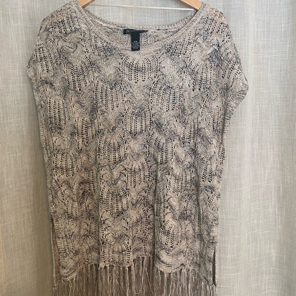 INC International Concepts Gray Crew Neck Sweater with Fringe